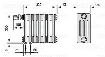 Схема (чертеж) Радиатор Zehnder Charleston 4030/7 №V001 Белый глянцевый RAL 9016